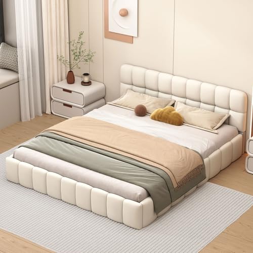 RXMORI Polsterbett 160x200cm, Doppelbett mit Weicher Rückenlehne und Gepolstertem Rahmen, Bubble Bett Jugendbett mit Lattenrost, Flachbett, Bettgestell, Leinen, ohne Matratze (Beige) von RXMORI
