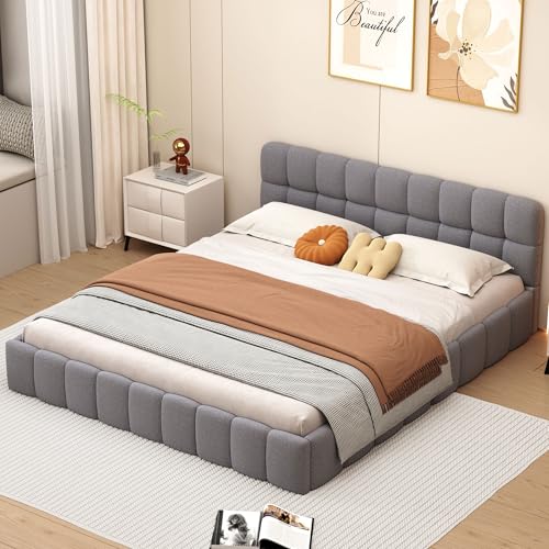 RXMORI Polsterbett 160x200cm, Doppelbett mit Weicher Rückenlehne und Gepolstertem Rahmen, Bubble Bett Jugendbett mit Lattenrost, Flachbett, Bettgestell, Leinen, ohne Matratze (Grau) von RXMORI