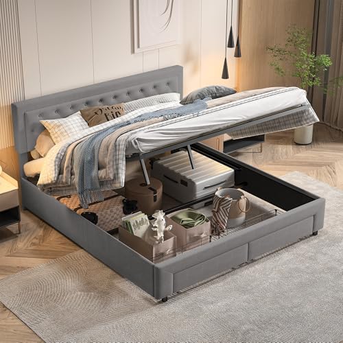 RXMORI Polsterbett Doppelbett 180 x 200 cm, Bett Mit Stauraum Und Schubladen, Hydraulisches Stauraumbett Rückenlehne Bettgestell, Mit Lattenrost, Ohne Matratze (Grau, 180 x 200 cm) von RXMORI