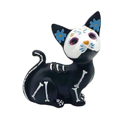 RXMORI Tag der Toten Schwarze Hundefiguren, Dia De Los Muertos Hundefigur, Halloween-Hundestatue aus Kunstharz, Zuckerschädel, Tierskulptur, Gruselige Skelettfigur (Katze) von RXMORI