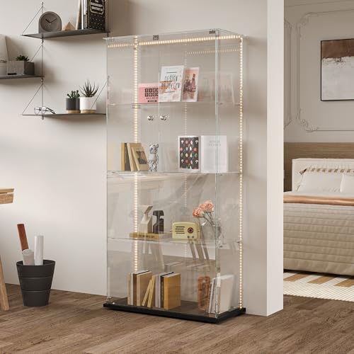 RXMORI Vitrine aus Glas mit LED, Schrank für Sammlung, transparent, Vitrine, Glas, mit Türen mit Schloss und 4 Regalen, Vitrinen, Wohnzimmer, Bar (LED-Licht, Schwarz (2 Türen) von RXMORI