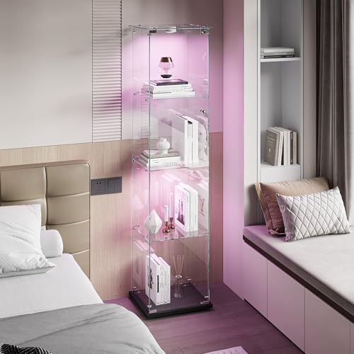 RXMORI Vitrine aus Glas mit LED, Schrank für Sammlung, transparent, Vitrine, Glas, mit Türen mit Schloss und 4 Regalen, Vitrinen für Wohnzimmer Bar (LED-Beleuchtung, Schwarz (1 Tür)) von RXMORI