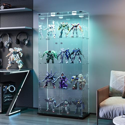 RXMORI Vitrine aus Glas mit LED, Schrank für Sammlung, transparent, Vitrine, Glas, mit Türen mit Schloss und 4 Regalen, Vitrinen für Wohnzimmer Bar (LED-Beleuchtung, Schwarz (2 Türen) von RXMORI