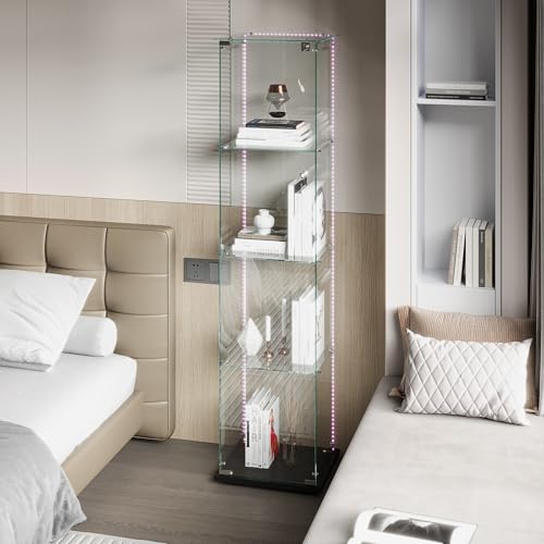 RXMORI Vitrine aus Glas mit LED, Schrank für Sammlung, transparent, Vitrine, Glas, mit Türen mit Schloss und 4 Regalen, Vitrinen für Wohnzimmer Bar (LED-Licht, Schwarz (1 Tür)) von RXMORI