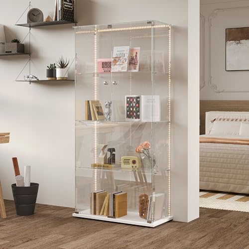 RXMORI Vitrine aus Glas mit LED, Schrank für Sammlung, transparent, Vitrine, Glas, mit Türen mit Schloss und 4 Regalen, Vitrinen für Wohnzimmer Bar (LED-Licht, Weiß (2 Türen) von RXMORI