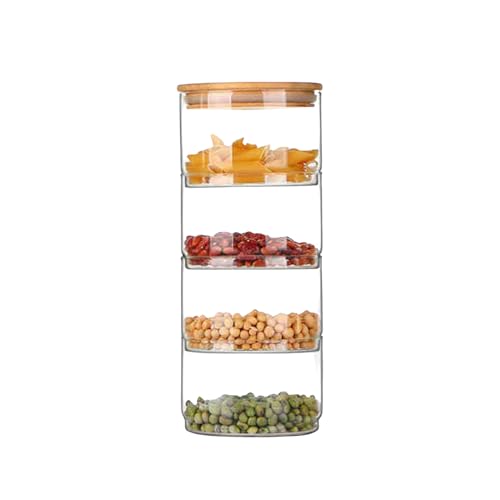 RXMORI Vorratsdosen aus Glas, stapelbare Glasdosen, Küchen-Lebensmittelbehälter, Süßigkeiten-Einmachglas, Snack- und Trockenobst-Organizer, Glas, Salatschüssel mit Deckel (4 Ebenen) von RXMORI