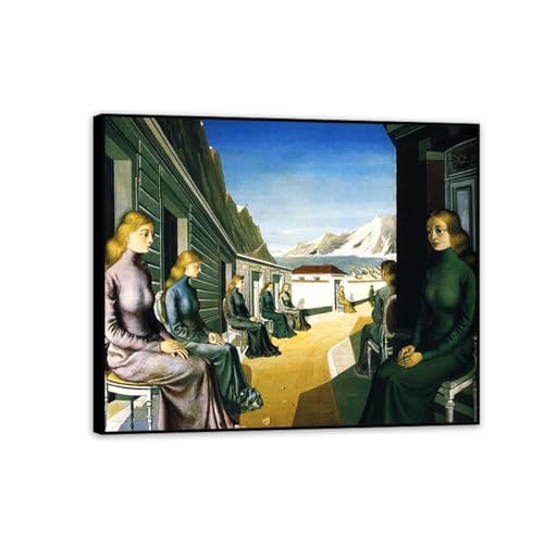 RXNHGJDS Paul Delvaux Druck auf Leinwand Das Dorf der Sirenen Surrealismus Leinwandkunst Ölgemälde Kunstwerk Poster Bild Wanddekoration Wohnzimmer35x30cm(14x12in) Schwarz gerahmt von RXNHGJDS