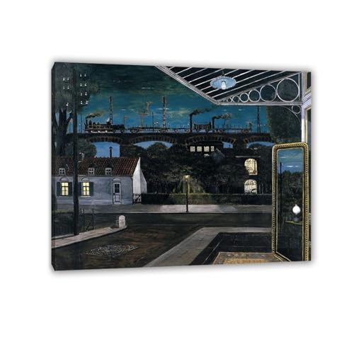 RXNHGJDS Paul Delvaux Druck auf Leinwand Das Viadukt Surrealismus Leinwandkunst Ölgemälde Kunstwerk Poster Bild Wanddekoration Wohnzimmer40x30cm(16x12in) Gerahmt von RXNHGJDS