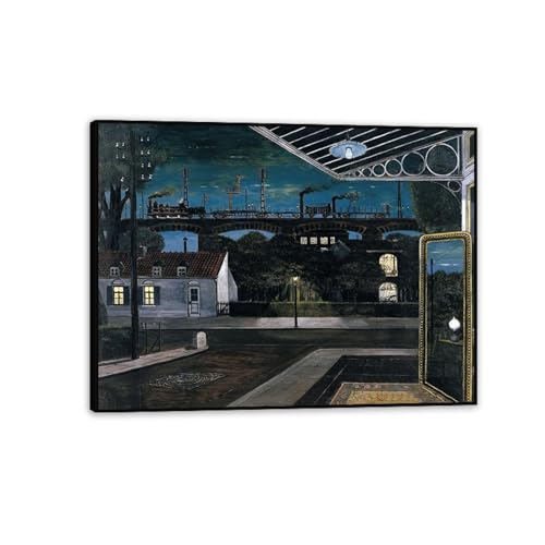 RXNHGJDS Paul Delvaux Druck auf Leinwand Das Viadukt Surrealismus Leinwandkunst Ölgemälde Kunstwerk Poster Bild Wanddekoration Wohnzimmer80x60cm(32x24in) Schwarz gerahmt von RXNHGJDS