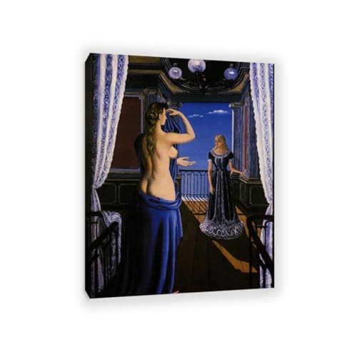 RXNHGJDS Paul Delvaux Druck auf Leinwand Der Balkon Surrealismus Leinwandkunst Ölgemälde Kunstwerk Poster Bild Wanddekoration Wohnzimmer65x50cm(26x19in) Gerahmt von RXNHGJDS