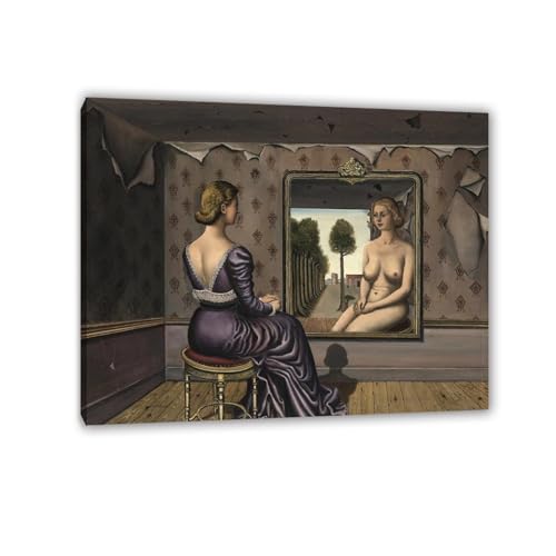 RXNHGJDS Paul Delvaux Druck auf Leinwand Der Spiegel Surrealismus Leinwandkunst Ölgemälde Kunstwerk Poster Bild Wanddekoration Wohnzimmer50x40cm(20x16in) Gerahmt von RXNHGJDS