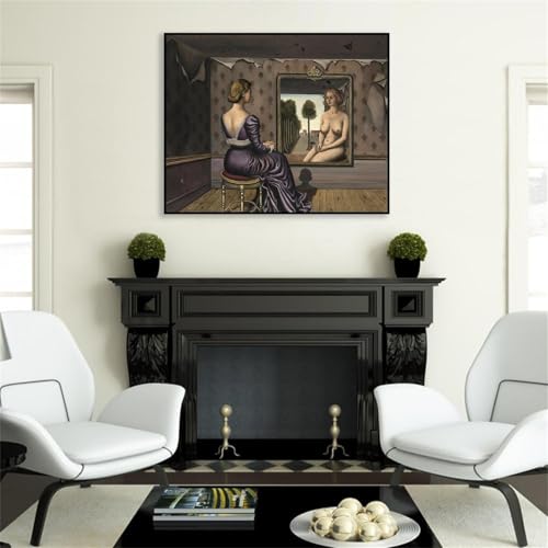 RXNHGJDS Paul Delvaux Druck auf Leinwand Der Spiegel Surrealismus Leinwandkunst Ölgemälde Kunstwerk Poster Bild Wanddekoration Wohnzimmer90x70cm(36x28in) Schwarz gerahmt von RXNHGJDS