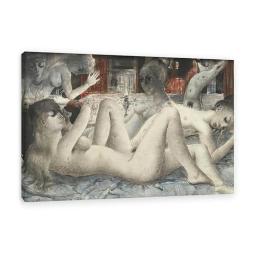 RXNHGJDS Paul Delvaux Druck auf Leinwand Die Dämonen der Nacht Surrealismus Leinwandkunst Ölgemälde Kunstwerk Poster Bild Wanddekoration Wohnzimmer90x60cm(36x24in) Gerahmt von RXNHGJDS