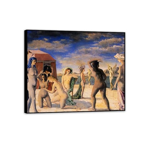 RXNHGJDS Paul Delvaux Druck auf Leinwand Die Kurtisanen Surrealismus Leinwandkunst Ölgemälde Kunstwerk Poster Bild Wanddekoration Wohnzimmer65x50cm(26x19in) Schwarz gerahmt von RXNHGJDS