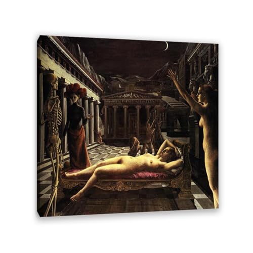 RXNHGJDS Paul Delvaux Druck auf Leinwand Die schlafende Venus Surrealismus Leinwandkunst Ölgemälde Kunstwerk Poster Bild Wanddekoration Wohnzimmer70x70cm(28x28in) Gerahmt von RXNHGJDS