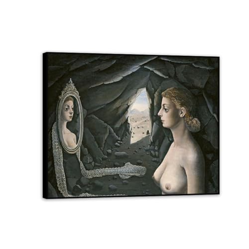 RXNHGJDS Paul Delvaux Druck auf Leinwand Frau im Spiegel Surrealismus Leinwandkunst Ölgemälde Kunstwerk Poster Bild Wanddekoration Wohnzimmer60x50cm(24x20in) Schwarz gerahmt von RXNHGJDS