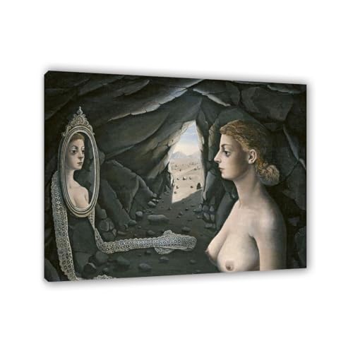 RXNHGJDS Paul Delvaux Druck auf Leinwand Frau im Spiegel Surrealismus Leinwandkunst Ölgemälde Kunstwerk Poster Bild Wanddekoration Wohnzimmer70x60cm(28x24in) Gerahmt von RXNHGJDS