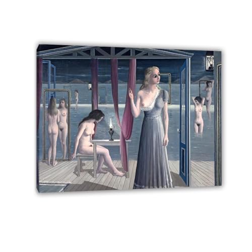 RXNHGJDS Paul Delvaux Druck auf Leinwand Junge Frauen Surrealismus Leinwandkunst Ölgemälde Kunstwerk Poster Bild Wanddekoration Wohnzimmer80x60cm(32x24in) Gerahmt von RXNHGJDS