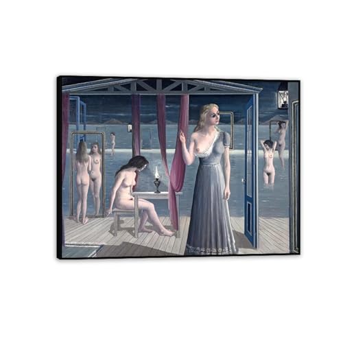 RXNHGJDS Paul Delvaux Druck auf Leinwand Junge Frauen Surrealismus Leinwandkunst Ölgemälde Kunstwerk Poster Bild Wanddekoration Wohnzimmer90x70cm(36x28in) Schwarz gerahmt von RXNHGJDS