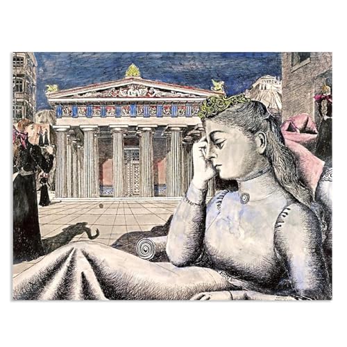 RXNHGJDS Paul Delvaux Druck auf Leinwand Junges Mädchen vor einem Tempel Surrealismus Leinwandkunst Ölgemälde Kunstwerk Poster Bild Wanddekoration Wohnzimmer90x70cm(36x28in) poster von RXNHGJDS