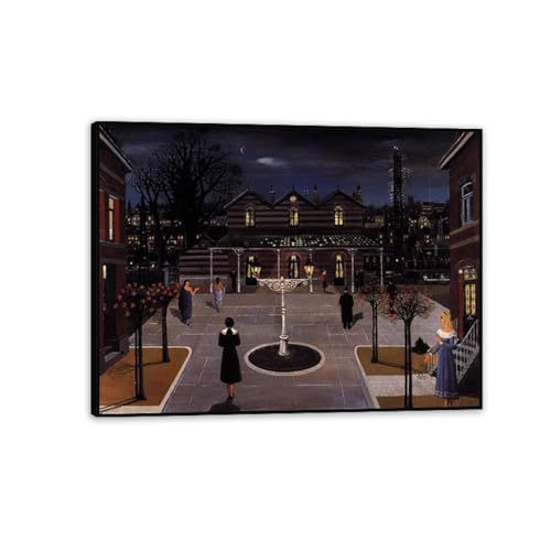 RXNHGJDS Paul Delvaux Druck auf Leinwand Kleine Quadratstation Surrealismus Leinwandkunst Ölgemälde Kunstwerk Poster Bild Wanddekoration Wohnzimmer65x50cm(26x19in) Schwarz gerahmt von RXNHGJDS