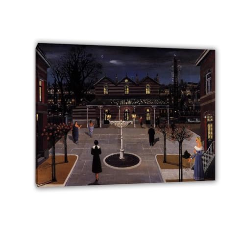 RXNHGJDS Paul Delvaux Druck auf Leinwand Kleine Quadratstation Surrealismus Leinwandkunst Ölgemälde Kunstwerk Poster Bild Wanddekoration Wohnzimmer80x60cm(32x24in) Gerahmt von RXNHGJDS