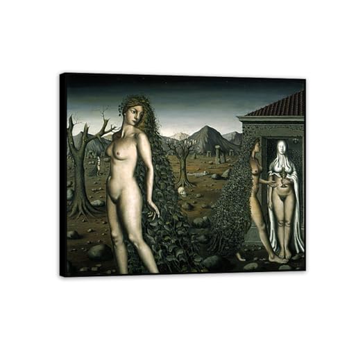RXNHGJDS Paul Delvaux Druck auf Leinwand Nachtbesuch Surrealismus Leinwandkunst Ölgemälde Kunstwerk Poster Bild Wanddekoration Wohnzimmer85x70cm(33x27in) Schwarz gerahmt von RXNHGJDS