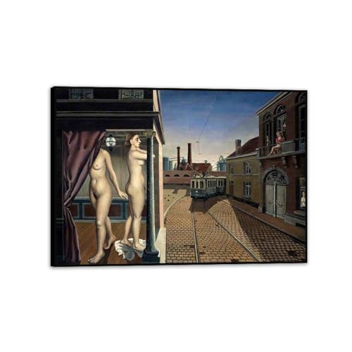 RXNHGJDS Paul Delvaux Druck auf Leinwand Straßenstraße Surrealismus Leinwandkunst Ölgemälde Kunstwerk Poster Bild Wanddekoration Wohnzimmer55x40cm(22x16in) Schwarz gerahmt von RXNHGJDS