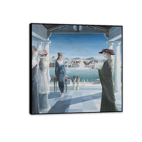 RXNHGJDS Paul Delvaux Druck auf Leinwand Terrasse Surrealismus Leinwandkunst Ölgemälde Kunstwerk Poster Bild Wanddekoration Wohnzimmer40x40cm(16x16in) Schwarz gerahmt von RXNHGJDS