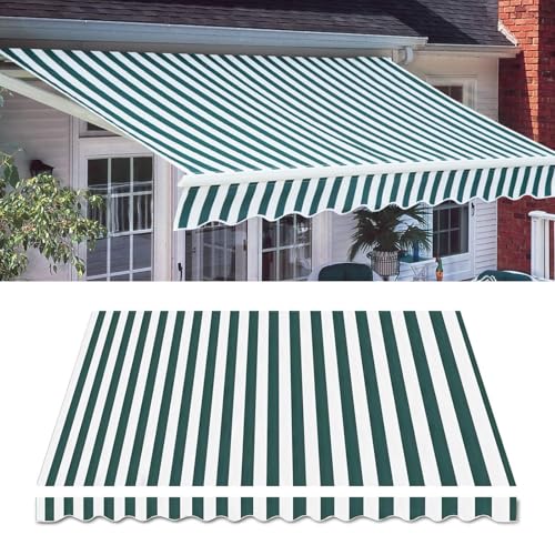 RXQHV 4m x 3(m) Manuelles Markisen-Ersatztuch Grün-Weiß Terrassenmarkise Pavillon Sonnenschutz-Überdachstoff Verstärkt Wasserdichtes Polyester-Canvas (Size:4x3.5m,Color:grüne weiße Streifen) von RXQHV
