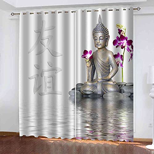 RXWZRL Vorhang Blickdicht Wohnzimmer - Gardinen Blickdicht 3D Buddha Statue Drucken Muster Vorhänge Thermo Schlafzimmer Dekoschals Gardine Blickdichter Ösenvorhang, 2Er Set H 160 X B 100 cm von RXWZRL