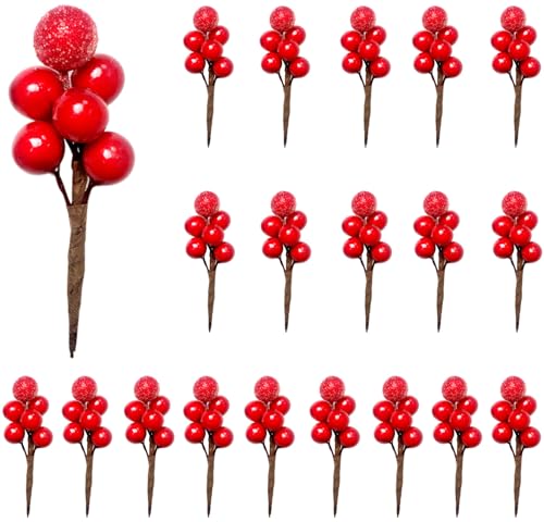 RXXR Künstliche Holly Beeren, 20 Stück Gefälschte Beeren Dekor auf Draht für Weihnachtsbaum Dekoration Blumenkranz DIY Handwerk Verwenden von RXXR