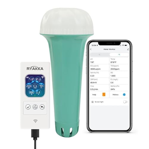 RYAKKA 7-in-1 Smart Pool und Teich-Wassertester für Chlor, PH, SAL,Temp,ORP,TDS,EC Messgerät Rapid WLAN Pooltester mit App Automatische Meldung Wassertester für Whirlpools & Spa von RYAKKA