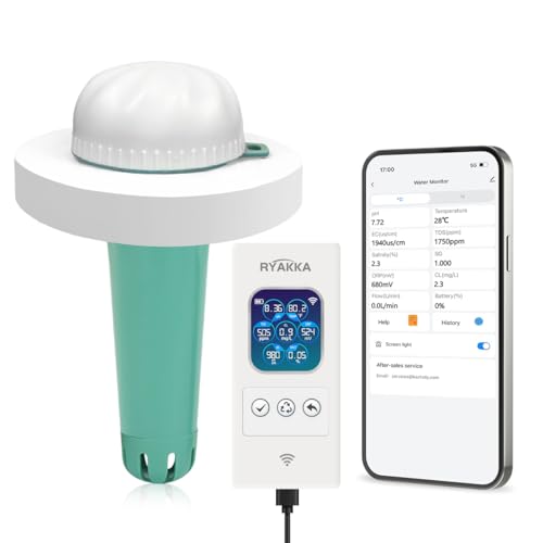 RYAKKA Plus 7-in-1 Digital Pooltester mit WLAN & App – Chlor, pH, Salz, Temp, ORP, EC, TDS – Intelligenter Wassertester mit automatischer Benachrichtigung für Whirlpool Spa & Teich (Mit Batterie) von RYAKKA