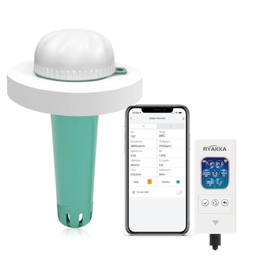 RYAKKA Plus 7-in-1 Digital Pooltester mit WLAN & App – Chlor, pH, Salz, Temp, ORP, EC, TDS – Intelligenter Wassertester mit automatischer Benachrichtigung für Whirlpool Spa & Teich (Ohne Batterie) von RYAKKA
