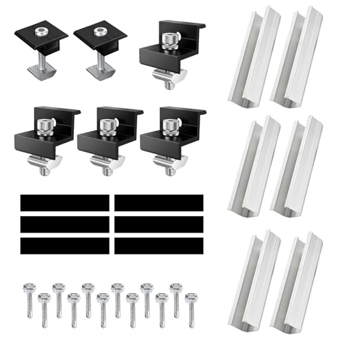 RYAN Solarpanel Halterung Kit 12cm und Zubehör Schwarz Eloxiert 30-35mm Solar Halterung Aluprofil Schienen Verstellbare für Flachdächer Trapezdächer Montageschiene von RYAN