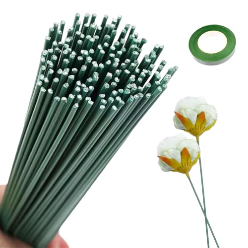 RYAN 100 Stücke Blumendraht Grün Steckdraht 30CM Kunstoff Blumenstamm Steckdraht 2MM Blumenstieldraht mit 1 Floristenband für DIY Herstellung von Blumenarrangements Künstlichen Blumen Blumenkranz von RYAN