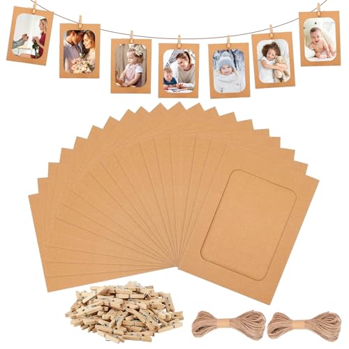 RYAN 20 Stücke Bilderrahmen Kraftpapier mit 120 Holzklammern Klein und 2 Fotoleine 11,5 X 15,6cm Mini Bilderrahmen Pappe Fotogirlande für Fotos Fotowand Display Postkarten Handwerks von RYAN