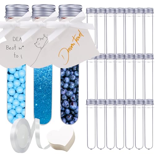 24 Stück Reagenzglas mit Schraubverschlus 45ml Reagenzgläser für Blumen Kraftpapieranhängern und 1 Rolle 22M Polyesterband für Gastgeschenk Hochzeits Deko Badesalz Gefüllt Reagenzgläser von RYAN