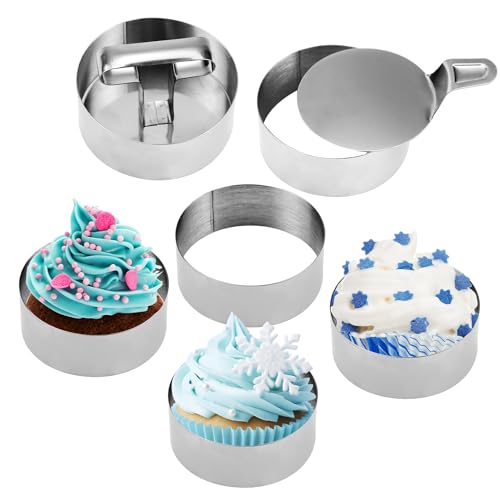 RYAN 8 Stück Dessertringe und Speiseringe Edelstahl Runde Tortenring Set Klein 9cm Servierringe Enthalten 1 Heber und 1 Stempel für Desserts Kuchen DIY von RYAN