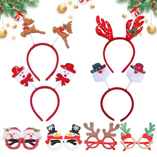 RYAN 8 Stück Weihnachts Haarreif und Weihnachten Brillengestell Set Weihnachten Stirnband 8 Arten Spaß Weihnachtshaarreifen Rentier Schneemann für Erwachsene und Kinder von RYAN