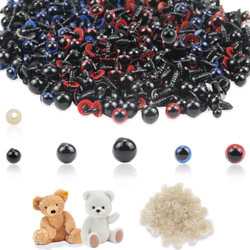 RYAN Sicherheitsaugen für Häkeltiere 1000 Stück Sicherheitsaugen mit Unterlegscheiben 6mm/8mm/9mm/10mm/12mm Amigurumi Bastelaugen Halbperlen Schwarz für Puppenherstellung Spielzeuge Zubehör DIY von RYAN