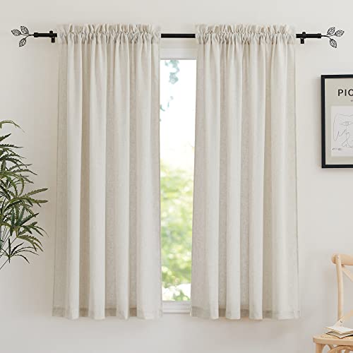RYB HOME Gardinen Leinenoptik Halbtransparent Wohnzimmer Vorhänge Kurz 2er Set H 160 x B 140 cm Leinenvorhang im Landhausstil Küche Gardinen mit Stangedurchzug Vorhang Leinen, Beige von RYB HOME