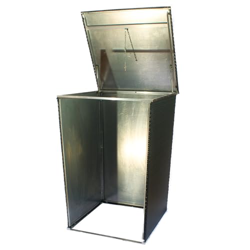 Mülltonnenverkleidung Rattanoptik für 120L–240L Tonnen – wetterfeste Mülltonnenbox aus Metall & Polyrattan – grau – mit Gasdruckfeder – RYBE von RYBE
