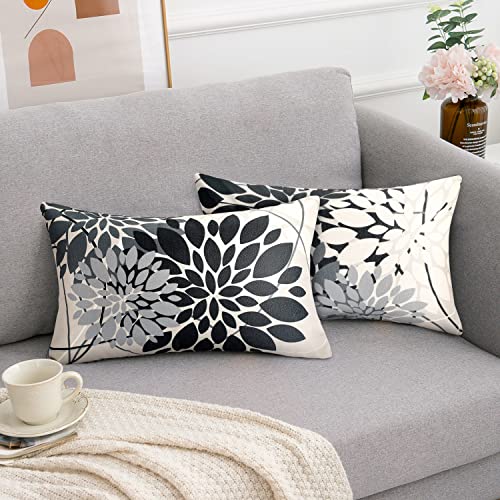 RYBornament Kissenbezug 30x50 Herbst Moderne Geometrie Dahlie Blume Dekorative Kissenhülle 2er Set Schwarz Grau Sofakissen Leinen Gartenkissen Für Sofa Schlafzimmer Wohnzimmer Bauernhaus Dekoration von RYBornament