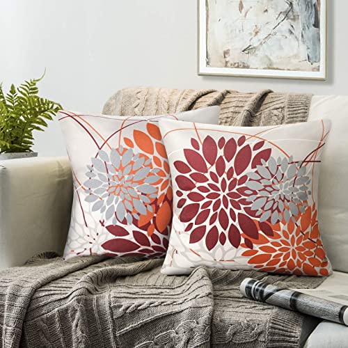 RYBornament Kissenbezug Rot Orange 40×40 Cushion Covers Kissenhülle Abstrakt Dahlie Blume Muster Kissenbezüge 2er-Set Leinen Kissenhüllen Für Wohnzimmer Garten Sofa Couch Kissen Dekor von RYBornament