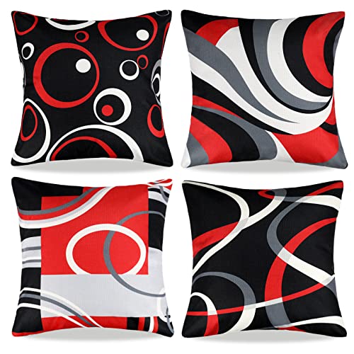 Schwarz Rot Kissenbezug 40x40 CM Abstrakter Dekorative Kissenbezüge 4 Stück Set Moderner Sofakissen Geometrischer Zierkissen Streifen Kunst Quadrat Winter Outdoor Kissen Für Sofa Home Dekor von RYBornament