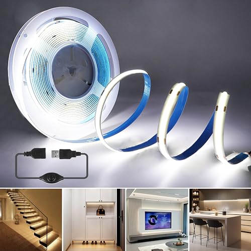 RYE COB 5V LED strip USB 1.5m,Dimmbar LED band kühles weiss 6000K, flexibler LED streifen, Geeignet für DIY Beleuchtung von TV-Hintergrund, Spiegel, Treppen, Schlafzimmer, Küche, mit Controller von RYE