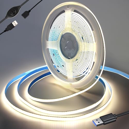 RYE COB 5V LED strip USB 1.5m,Dimmbar LED band natürlich weiß 4000K, flexibler LED streifen, Geeignet für DIY Beleuchtung von TV-Hintergrund, Spiegel, Treppen, Schlafzimmer, Küche, mit Controller von RYE