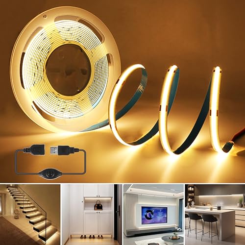 RYE COB 5V LED strip USB 1.5m,Dimmbar LED band warmweiss 3000K, flexibler LED streifen, Geeignet für DIY Beleuchtung von TV-Hintergrund, Spiegel, Treppen, Schlafzimmer, Küche, mit Controller von RYE